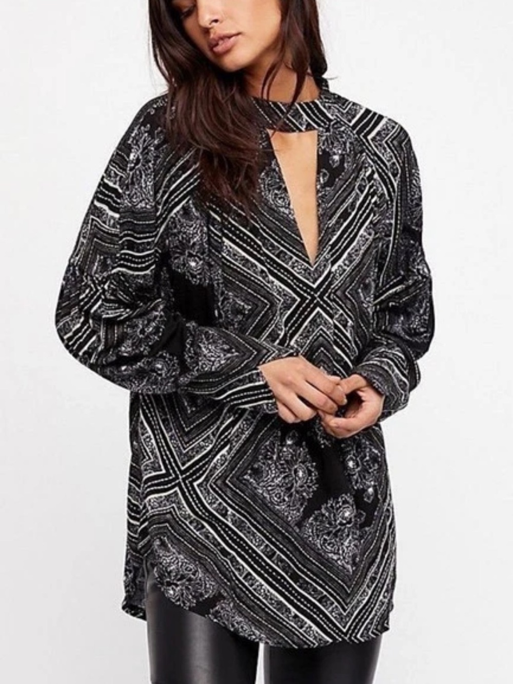 Free People Walking on a Dream Black & White Tunic Boho Casual Witchy Size S